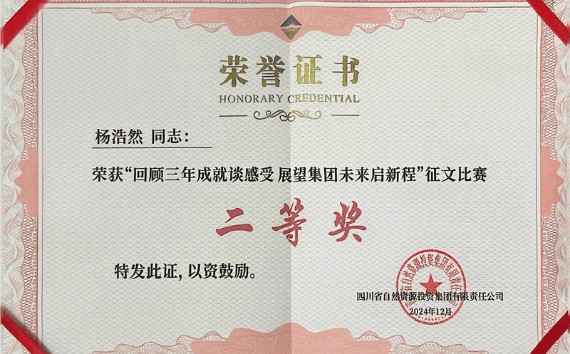 中成集团杨浩然喜获四川拉斯维加斯3133cc集团“回首三年成绩谈感受 展望集团未来启新程”征文角逐二等奖